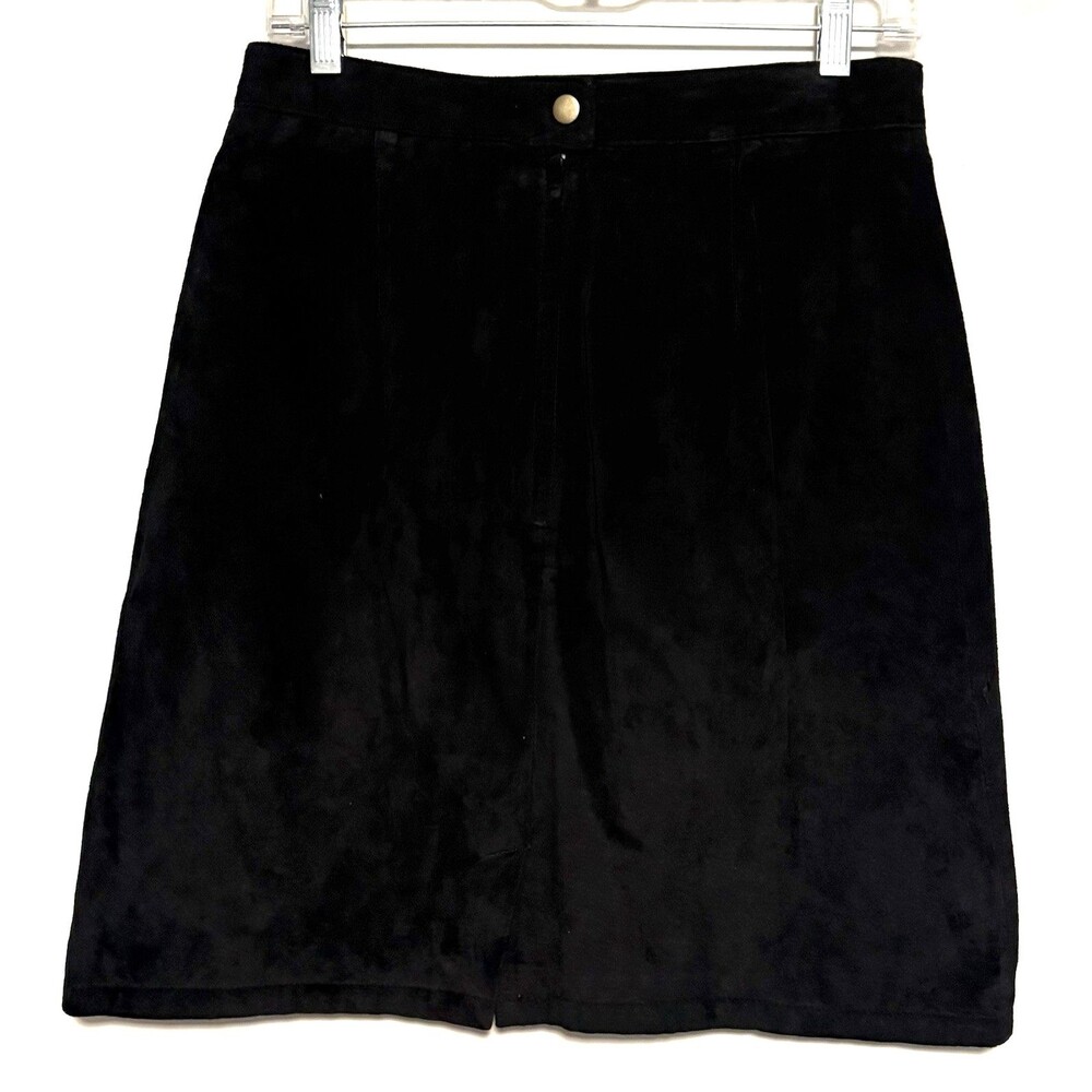 Vintage 90s Black Suede Leather Skirt Sz M A-Line Old Money